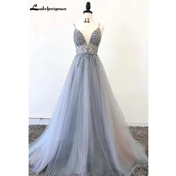 

Gray Tulle Spaghetti Straps Open Back Long Beaded Prom Dress Evening Gown Abendkleider Abiye Robe De Soiree
