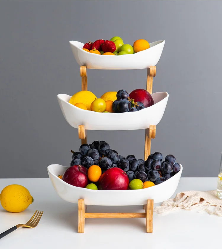 

Ceramic fruit plate bamboo shelf candy dish living room home 2 or 3 layer fruit bowl snack cake Dessert display stand