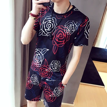 

Brand Fashion Print Casual Suits Men 2Pcs Tshirt Sweatpants 2020 Summer Men's Sportswear Nightclub Social Sets Men Clothes