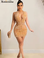 Sexy Ladies Sequined Backless Mini Dress WoHalter Hollow Out Bodycon Birthday Clubwear Dress Outfits