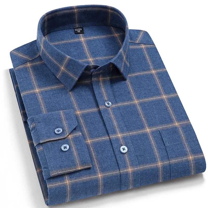 Casual Shirts Square-Collar Plaid Checked Regular-Fit Business Long-Sleeved Mens Thick