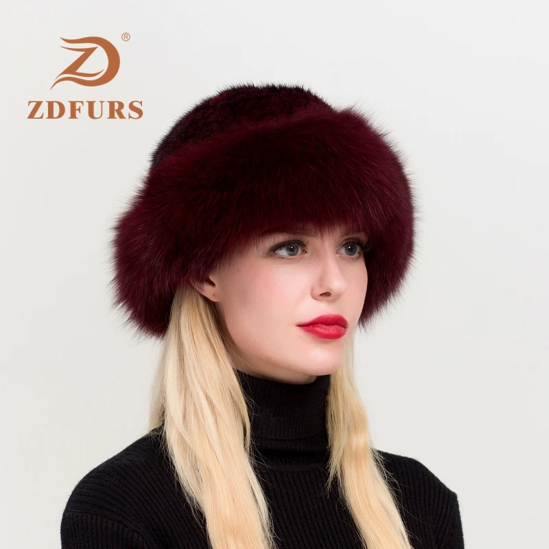 ZDFURS* Натуральная норковая меховая шапка шапки русская зима с бренд Fox Fur Trim для женщин шапка вязаная натуральная норковая меховая шапка шапки Новые