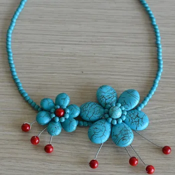 

Noble Female Jewelry Blue Turquoises Flower Coral Bead Necklace Gifts Jewelry Wholesale Free Shipping