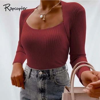 

Rapcopter Long Sleeve T Shirt Autumn Winter Tshirt Women Basic Pullovers Knitted Tops Solid Skinny Tee Shirt Streetwear Knitwear