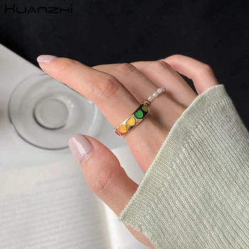 

HUANZHI 2020 New Gold 2pcs/set Rainbow Color Enamel Heart Metal Rings Imitation Pearls Beads Ring for Women Girls Party Jewelry