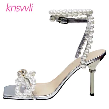 

Rhinestone Stilettos Designer Sandals Women Wedding Party Shoes Woman Runway Crystal Pearl Chain Bow High Heels Sandalias Mujer