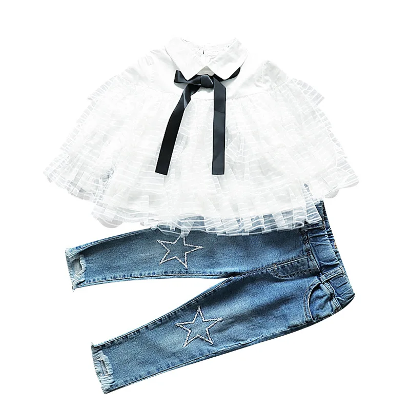 Весенний джинсовый костюм для девочек, корейская модная детская одежда, одежда для маленьких девочек