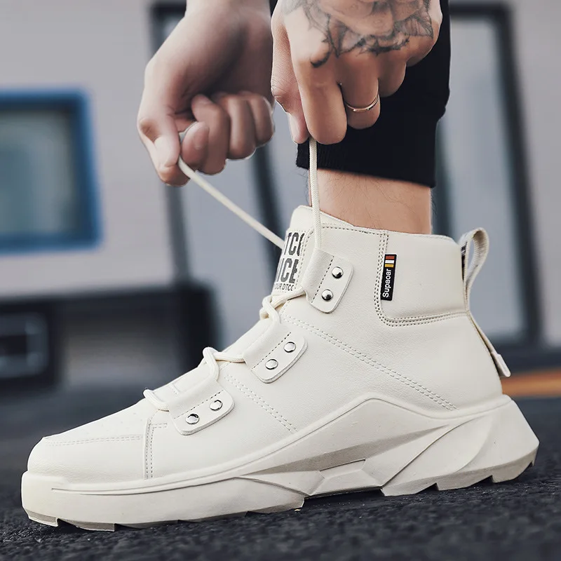 

2019 Autumn And Winter New Style Leather Hight-top MEN'S SHOES Casual Versatile Cool Trendy Shoes Teenager Athletic Shoes