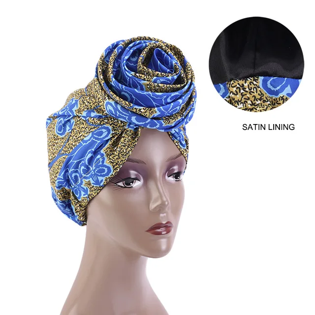 African Print Stretch Bandana Head Wrap Long Scarf satin Floral Ankara Dashiki Women Party Turban Headwear Cap Hair Accessories 5