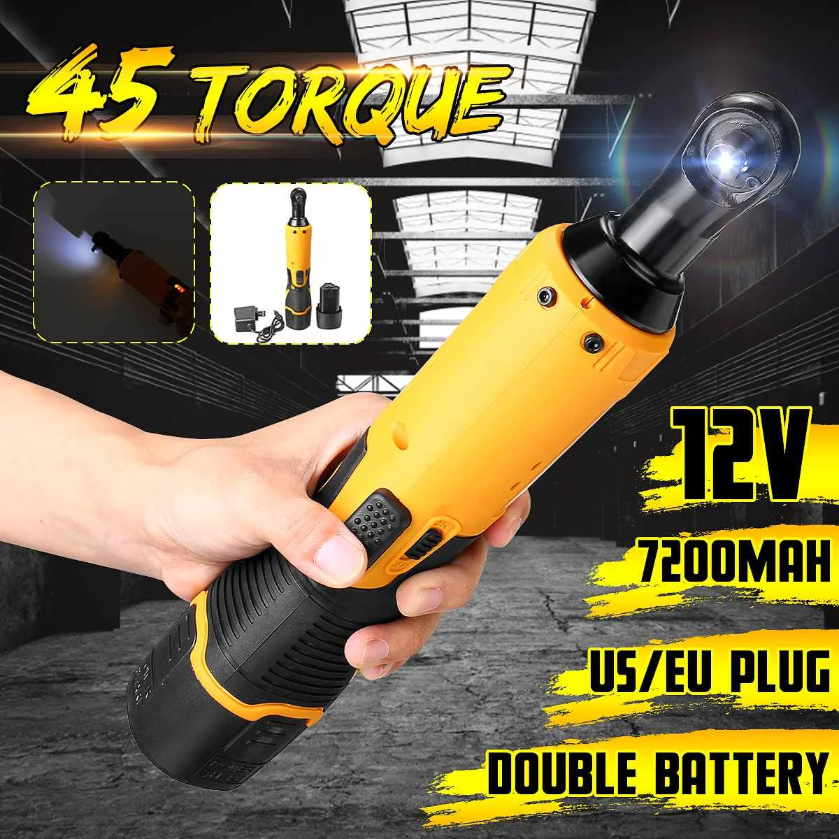 

45 Torque 12V 7200mAh 3/8 LED Lighting Cordless Electric Ratchet Wrench Set with 2pcs Li-Ion Battery