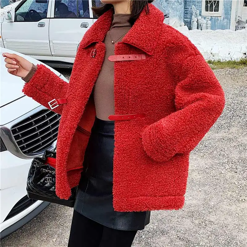 Red Женское зимнее теплое пальто из искусственного меха, модное пальто из меха ягненка, повседневная куртка-бомбер с рукавом летучая мышь, парка, верхняя одежда - Цвет: Red