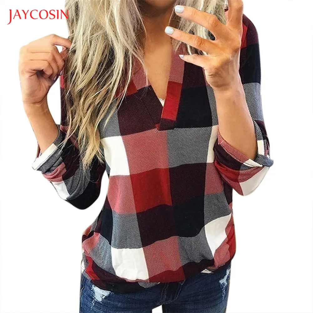 Jaycosin Clothes Button Plaid shirt Women top Ladies Spring Autumn Long Sleeve V Neck Office Slim Shirt Casual plaid shirt