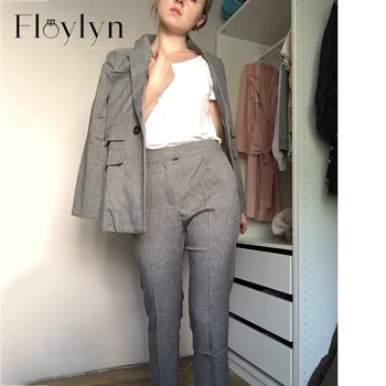

FloyLyn Women Suit Gray Casual Blazer & High Waist Pant Office Lady Notched Jacket Pant Suits Korean Femme 2 pieces set