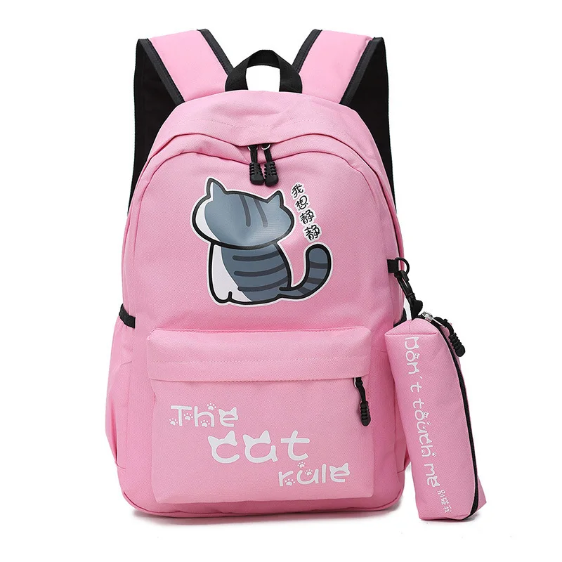 

sets of Canvas Shoulder Bag Girls College wind large capacity printed cat backpack junior high school girls schoolbag