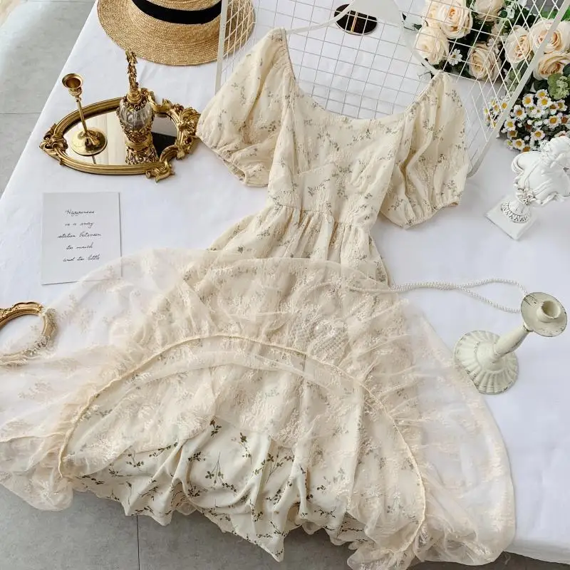 Foamlina женское винтажное стильное цветочное кружевное платье летняя мода с круглым вырезом с коротким пышным рукавом с высокой талией повседневное вечернее платье