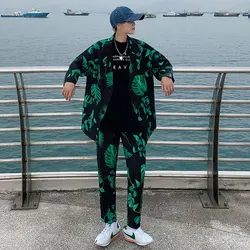 Fashion 2021 Men's Printing Suit Sets Short Sleeve Jacket Casual Pants Korean Trendy Streetwear Spring Summer Clothing Man