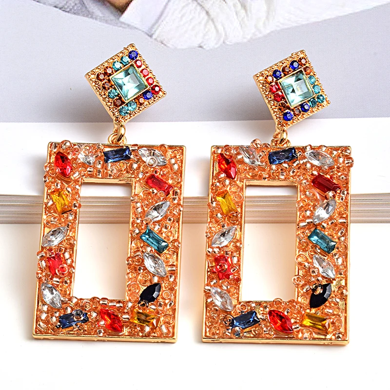 

New Geometric Metal Colorful Crystal Handmade Beads Long Earrings High-quality Fashion Dangle Drop Earring Jewelry Accessories