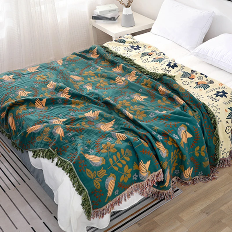 Fashion Cotton Throw Blanket Cover Boho Style Flowers Birds Embroidery Warm Bedspread for Sofa Bed Decorative Plaid Blankets - 3