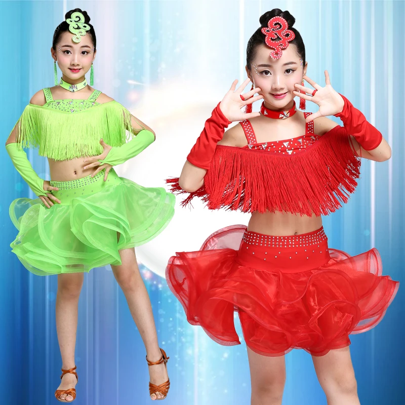 Новая кисточка платья для танцев дети бальный танцы бахрома Детская профессиональный латинское платье для танцев для девочек Сальса ча-ча Самба Танго