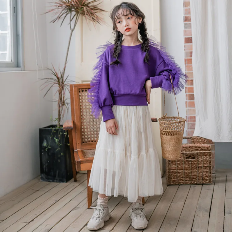 

2020 Girls Clothing Set Autumn and Winter New Mesh Cute Princess Sweatshirt and Skirt Set Fashion Children Sets for 6 8 10 12 Y