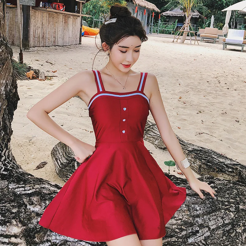 Одна деталь купальник женский размера плюс Для женщин женские слитные 1 корейский Ins Стиль костюмы с юбкой, пуш-ап, красная пикантная обувь на тонком крышка