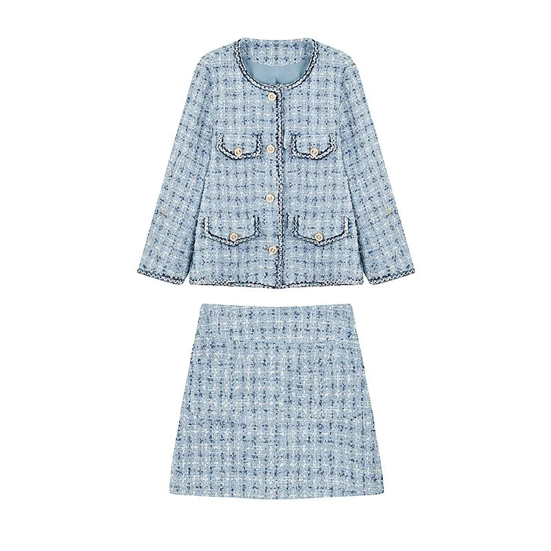 jacket and skirt Осенне-зимний подиумный костюм, комплект, женский элегантный твидовый шерстяной пиджак с длинным рукавом, пальто+ мини-юбка, комплект одежды синего цвета из 2 предметов - Цвет: jacket and skirt