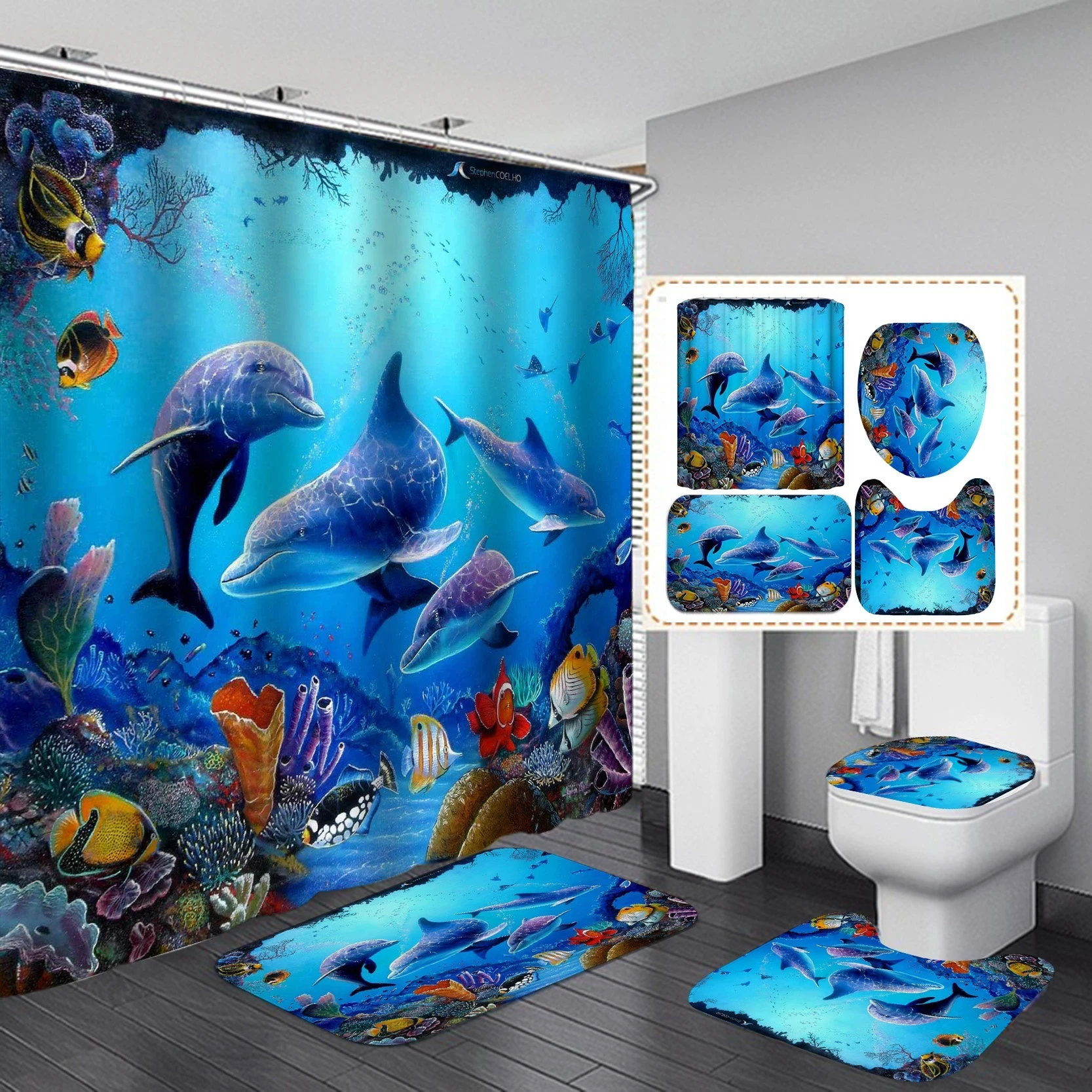 Ocean Underwater World Cheerful Dolphin 3d Printing Waterproof Shower Curtain With Rug Toilet Cover Bath Mat Set Bathroom Decor Shower Curtains Aliexpress