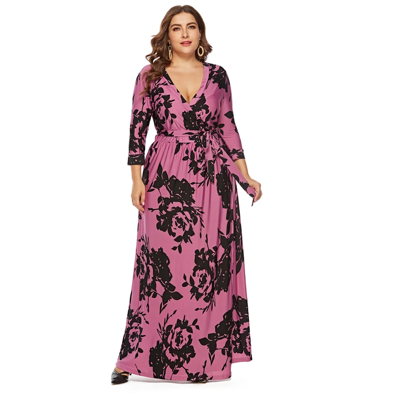 EaseHut 4XL 5XL 6XL размера плюс платье для женщин цветочный принт v-образный вырез 3/4 рукав Высокая талия пояс Макси длинное платье в пол