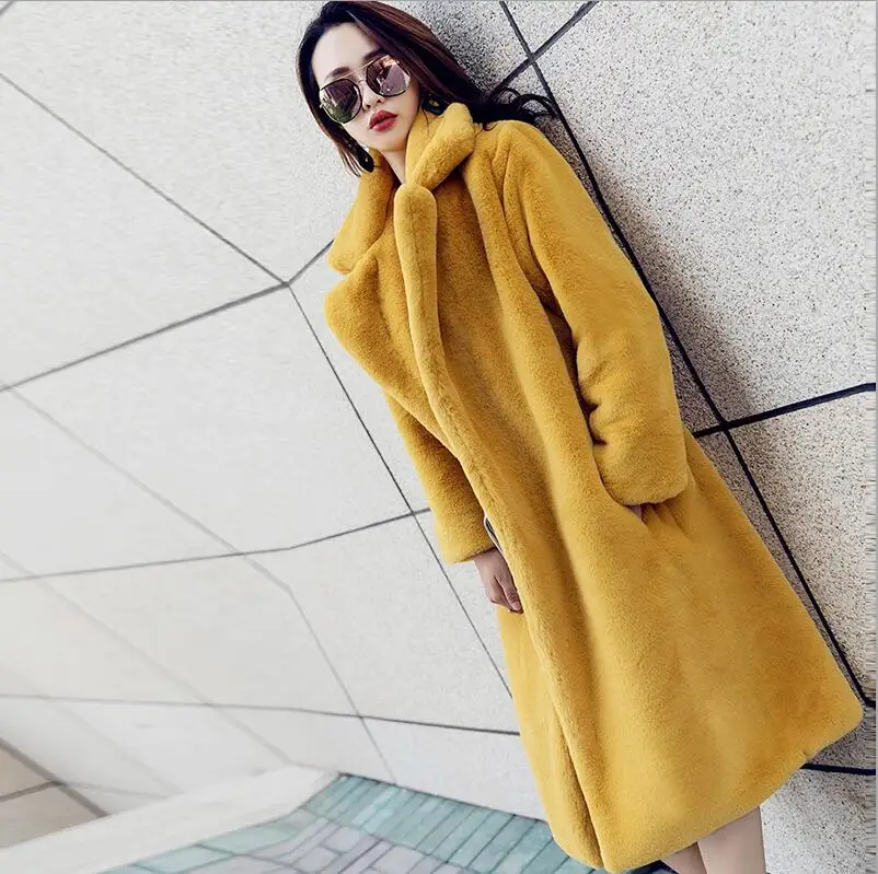 Зимнее женское высококачественное пальто из искусственного кроличьего меха, роскошное длинное меховое пальто, Свободное пальто с отворотом, толстое теплое женское плюшевое пальто больших размеров - Цвет: Yellow