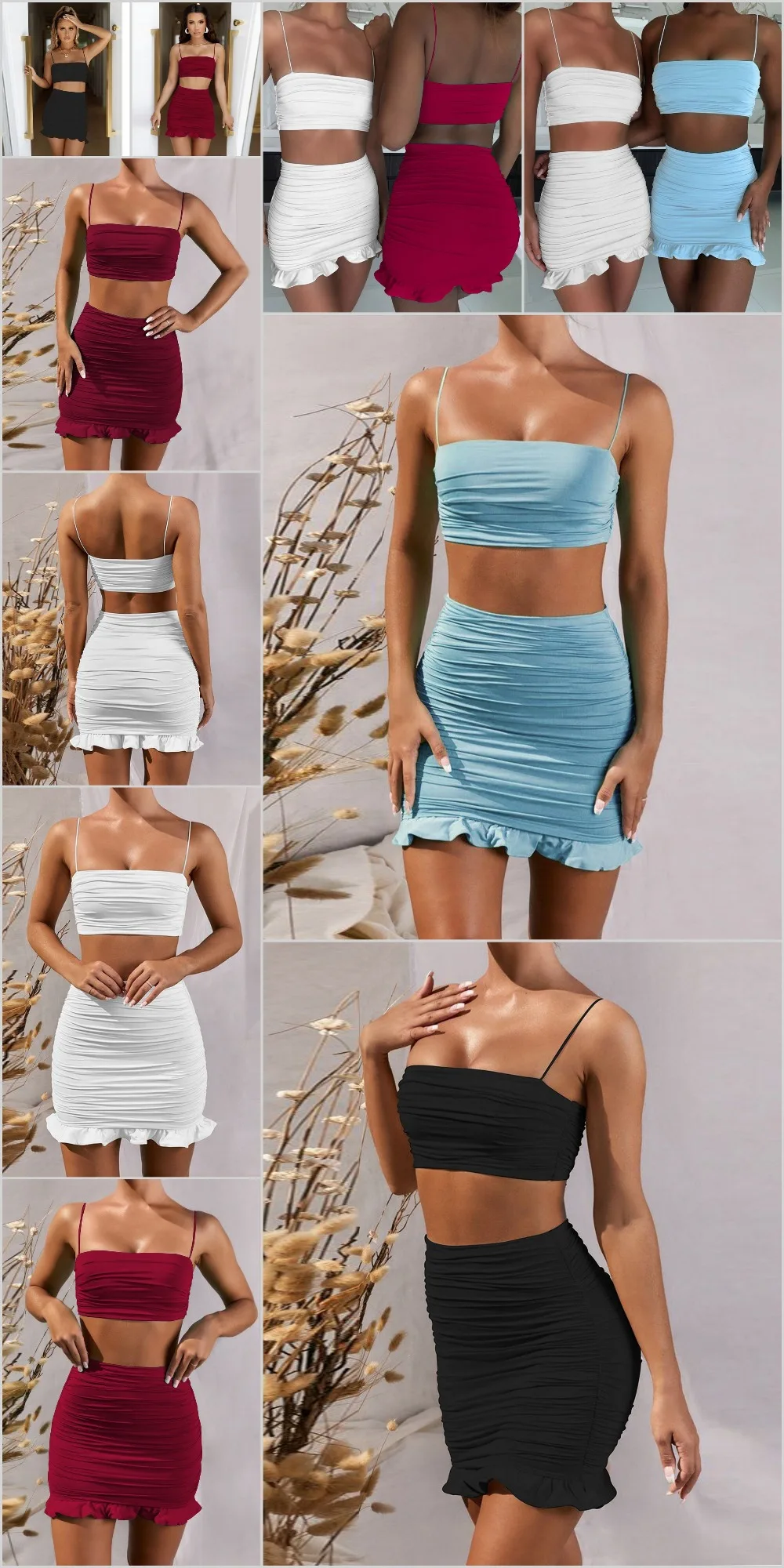 Articat Women Sexy Bodycon 2 Piece Dress Set Ruffles Spaghetti Strap Crop Top Summer Mini Skirts Suits Fashion Solid Outfits