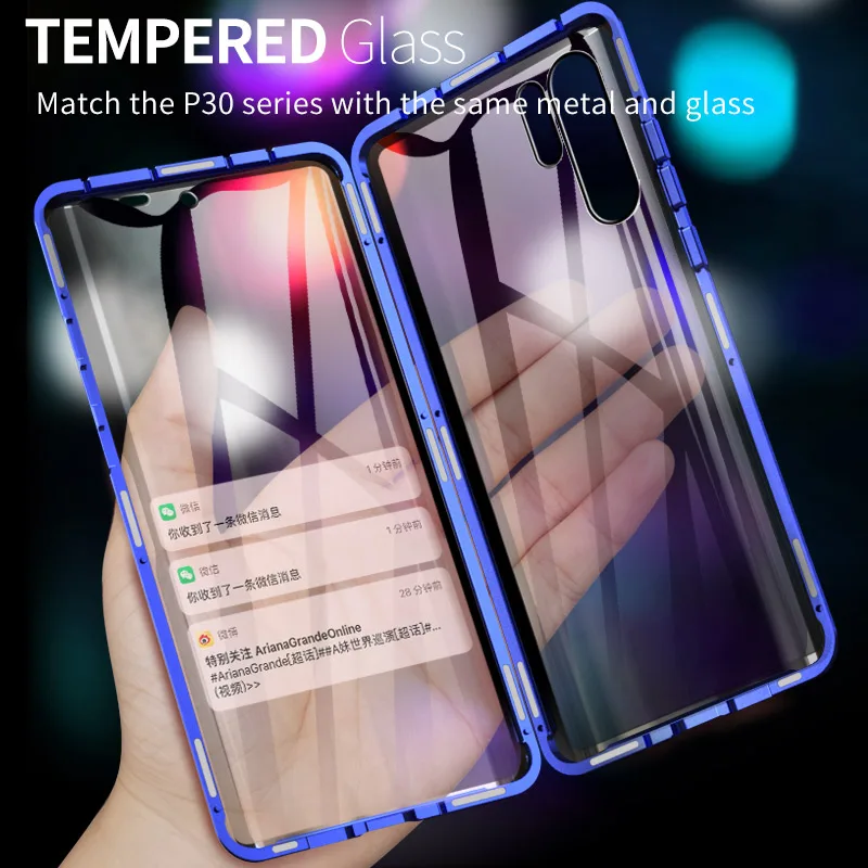 Case Magnetic Adsorption Magnets Metal Aluminum Frame Transparent Front and Back Tempered Glass 360 Degrees Fully Body Protective Case Cover,Purple Black Compatible for Huawei P30 Lite 6.15