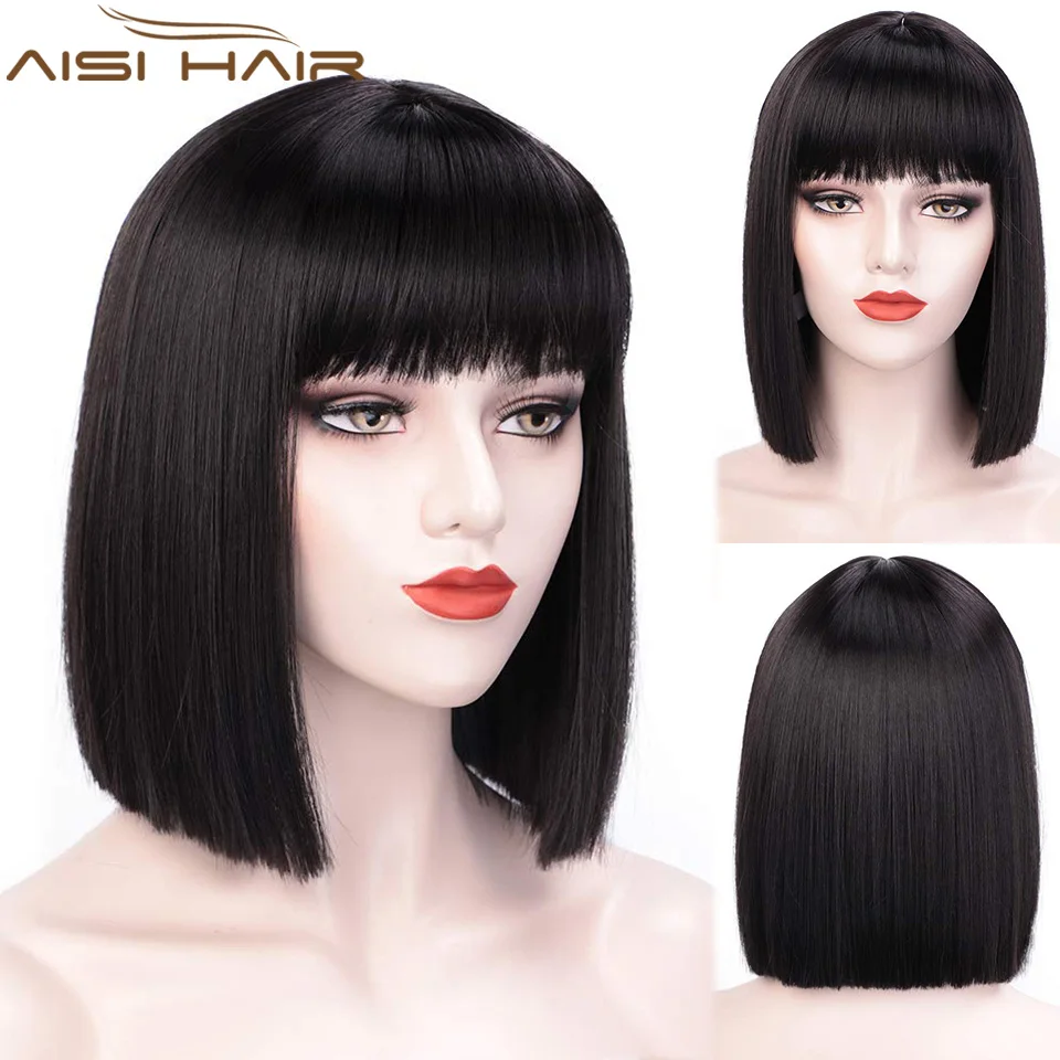 AISI HAIR Short Bob Wig With Bangs for Women Synthetic Bob Wigs Black Pink Purple Wig for Party Daily Use Shoulder Length