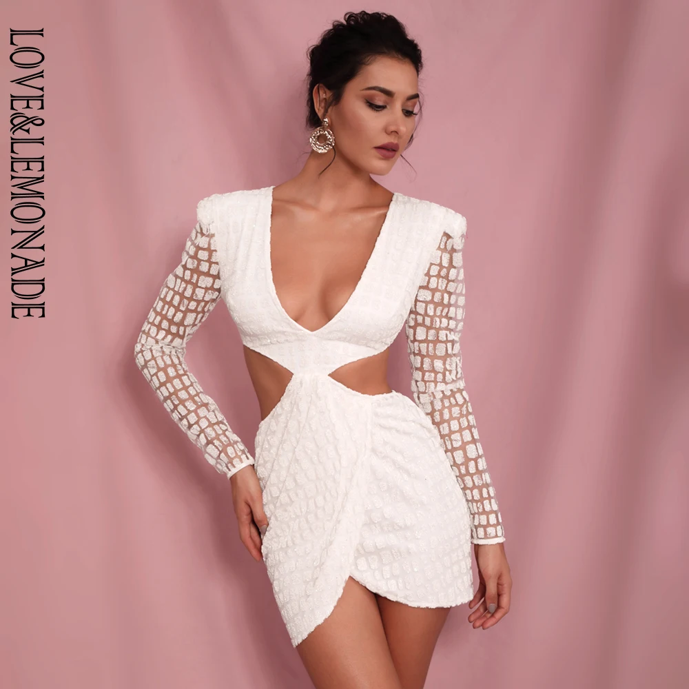 LOVE& LEMONADE сексуальные белые вечерние платья с глубоким v-образным вырезом и открытой спиной с наклеенными блестками, облегающие вечерние платья LM82065-2 осень/зима