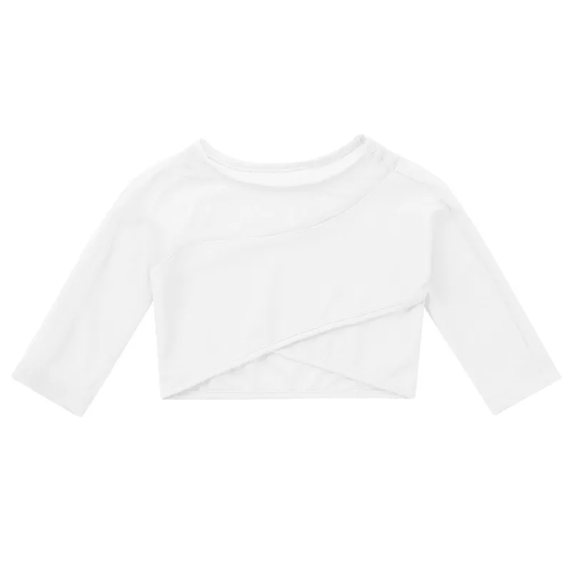 Kids Girls Gymnastics Dance Crop Top Girls 3/4 Sleeves Asymmetrical Tops Crop Top for Ballet Dance Stage Performance Workout