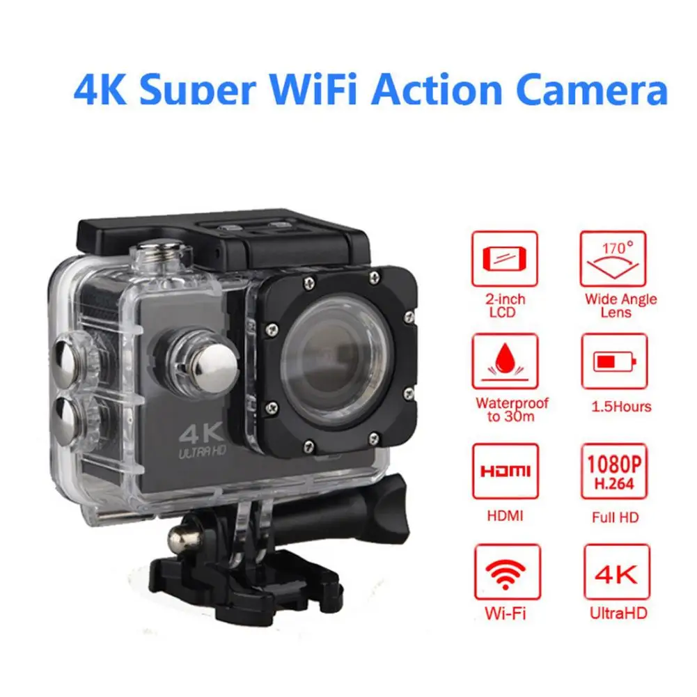 1080p Экшн-камера Ultra HD 4K / 60fps WiFi 2 0 &quot170D 12MP подводная 30 метров Водонепроницаемая