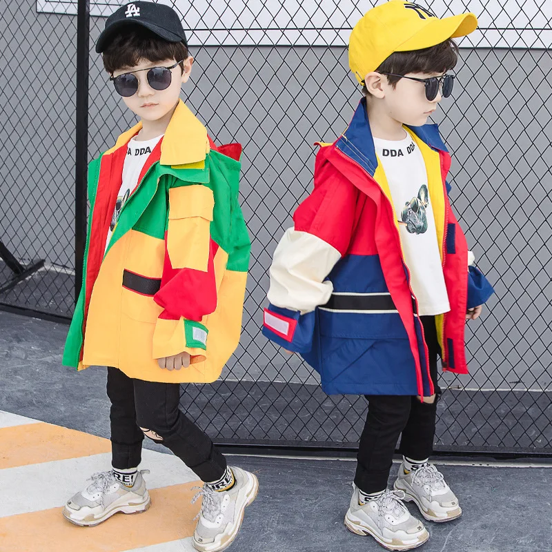 

Boys Outwear Autumn Children Coats Blue Patchwork Pizex Middle Long Style Casual 2019 New Children Clothing Hooded Coats