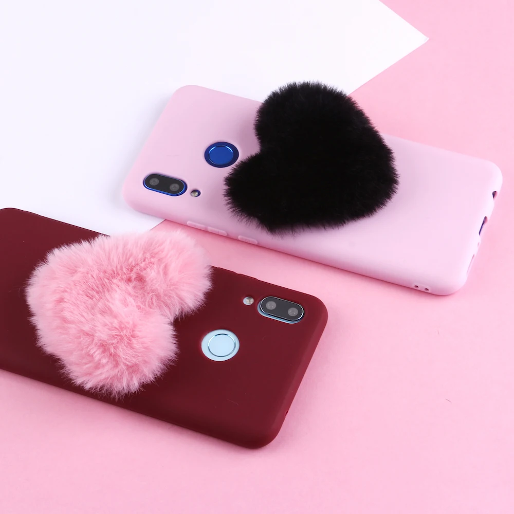 

For Xiaomi Mi Redmi Note 5 6 7 8 9 lite Pro Plus Fluffy Fur Heart Pom Pom Soft Candy Silicone Phone Case Capa Fundas Coque