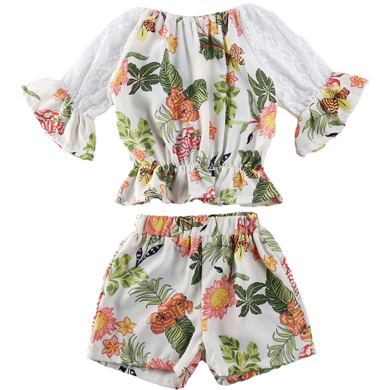 

2PCS Set Toddler Kids Baby Girls Summer Outfits Clothes Lace Flower Shirt Tops+Shorts 2020 New Baby Girl Outfits baby girl Set