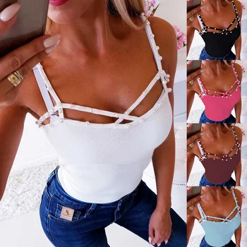 

Summer Camisole Women Pearl Ladies Tops Shirt Tee Sleeveless Sexy V Neck Spaghetti Strap Cami Fashion Female Tee Tops D30