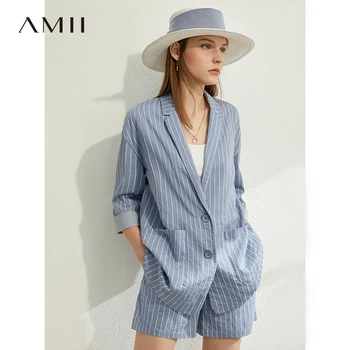 

AMII Minimalism Spring Summer Suit Set Lapel Stripe Three Quarter Sleeves Suit Coat High Waist Shorts 12030238