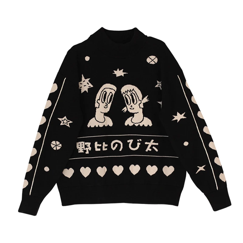 Original Design Women Winter Black Pullover Sweater Playful Cartoon Jacquard Female Casual Thick Knitwear Crew Collar Spring New | Женская