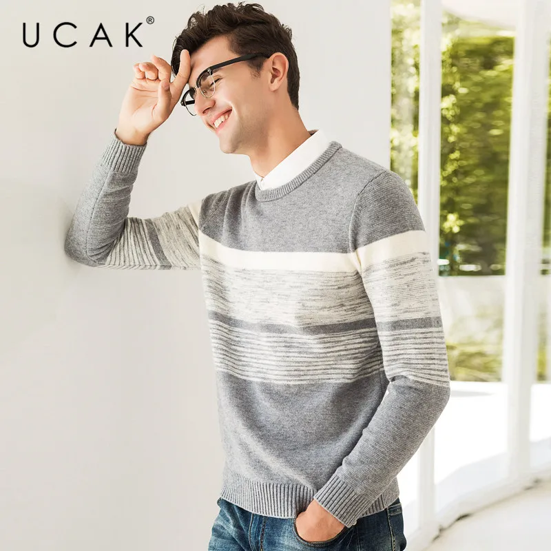Seller UCAK Brand Sweater Men Shirt Collar Twinset Pull Homme Autumn Winter Thick Knitwear Pullover Men Soft Cotton Jersey Hombre U1006