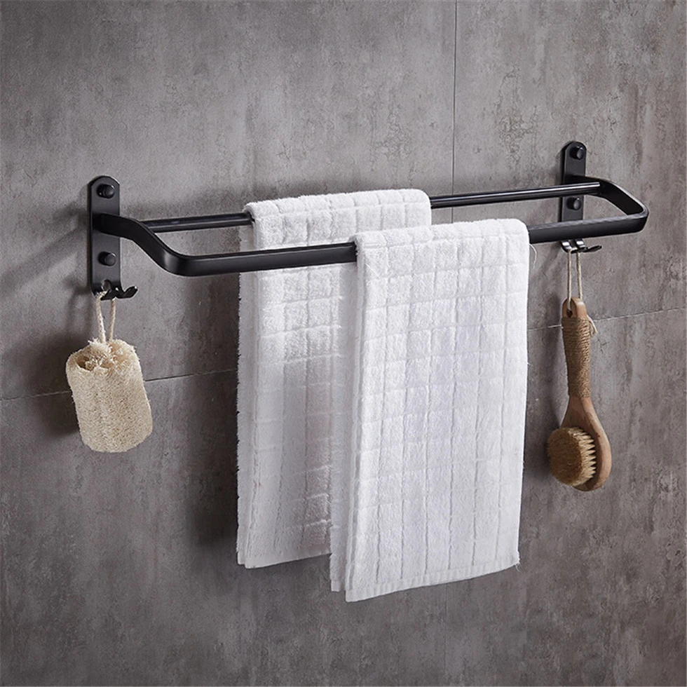 50cm Black Double Bar Towel Rack Wall Mount Space Aluminum Towel Bars With Hook Bath Shower Accessories Etagere Salle De Bain Towel Racks Aliexpress