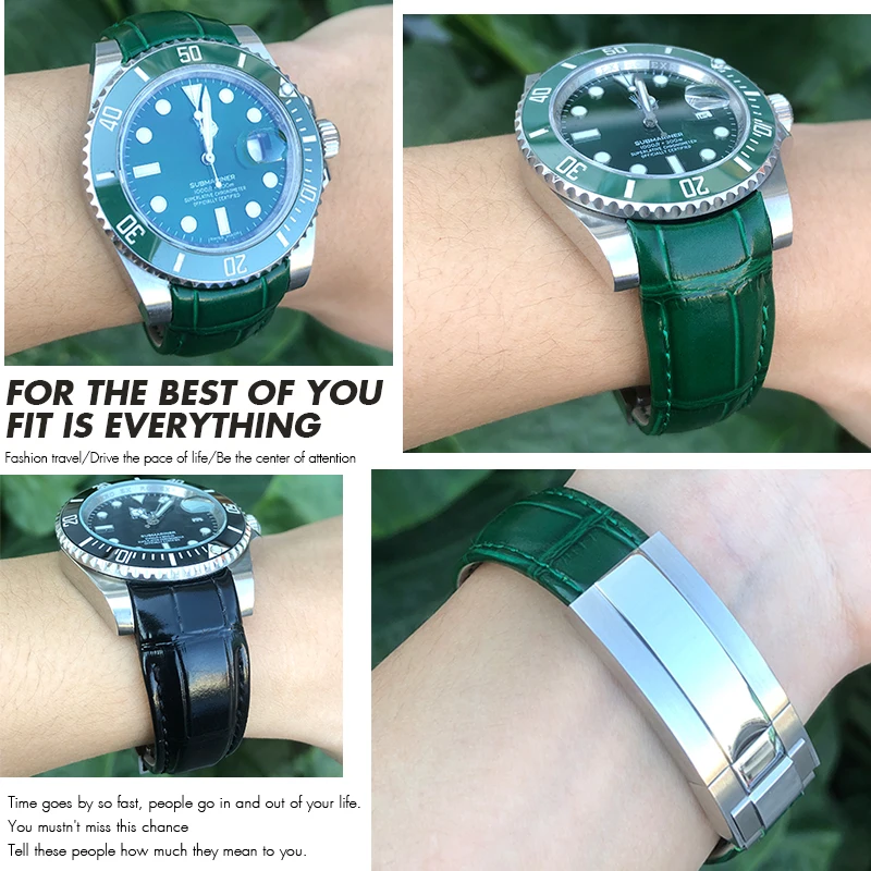 20mm Curved End Quality Genuine Leather Role Watch Band Suitable for Rolex Submariner GMT Hulk Green Cowhide Strap Wristband