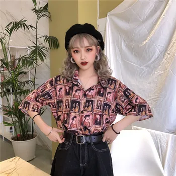 

Vintage Girly Style Cartoon Pattern Pink Color Casual Women's Tops and Blouses Harajuku Chic Short Sleeve Summer Leisure Shirts