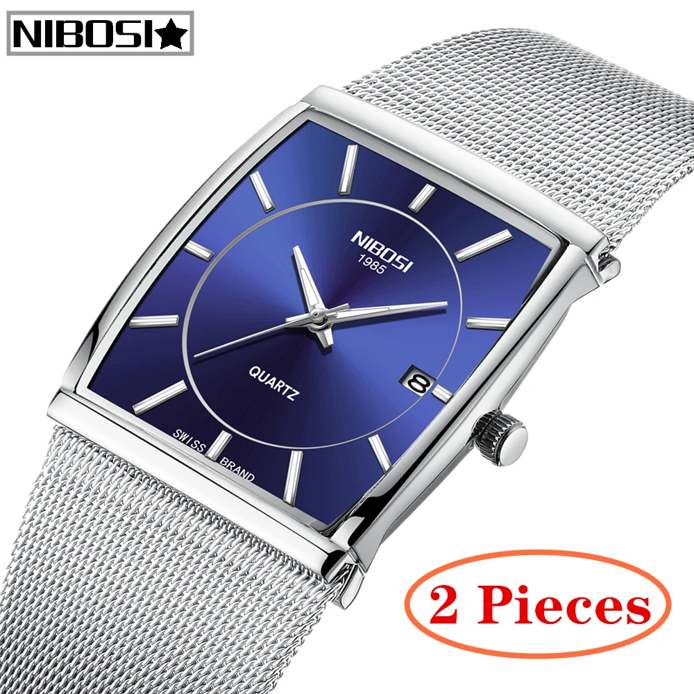 

2Pcs NIBOSI Mens Watches Top Brand Luxury Men Unique Sports Watch Men Quartz Date Clock Waterproof Mesh Watch Relogio Masculino