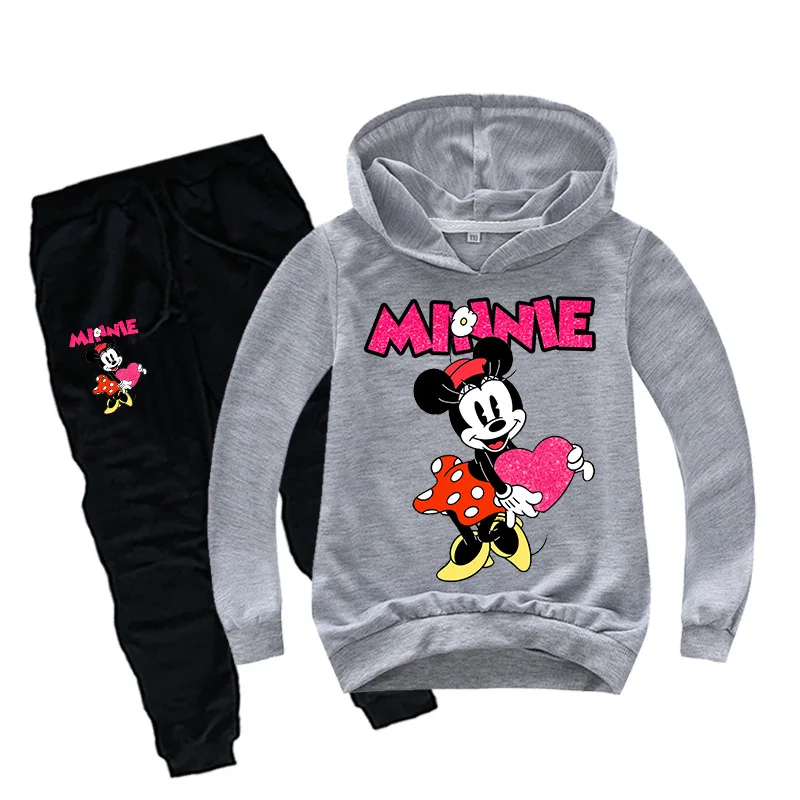 Комплект детской одежды с рисунком Микки и Минни, футболки для маленьких девочек, толстовки с капюшоном+ штаны костюмы из 2 предметов комплект для мальчиков, толстовки детская спортивная одежда - Цвет: Gray Minnie
