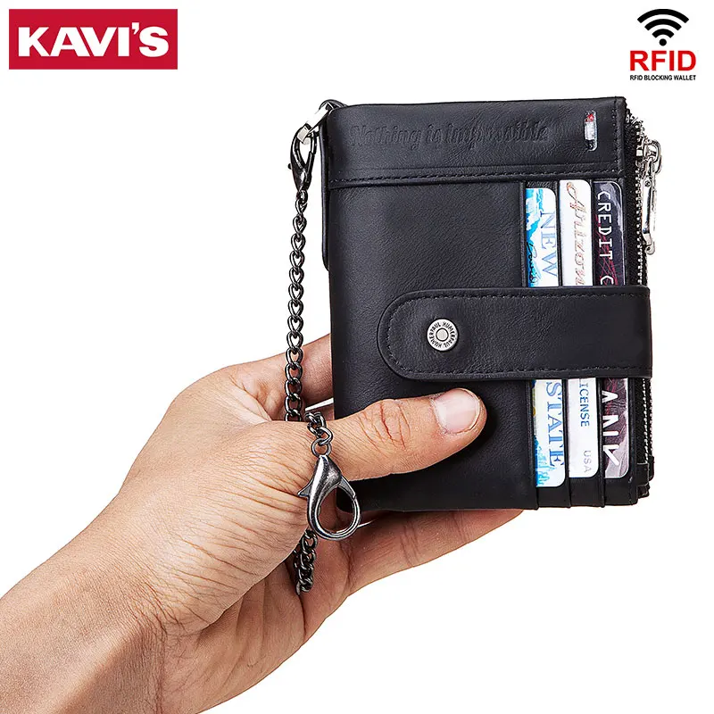 Мужской кошелек KAVIS из натуральной кожи с блокировкой RFID на молнии короткий