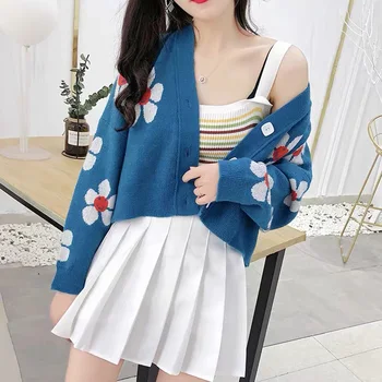 

Lady Flower Knit Printed Spring Long Sleeve Sweater V Neck Loose Thicked Pullover Preppy Style Elegant Print Sweaters Coat Tops