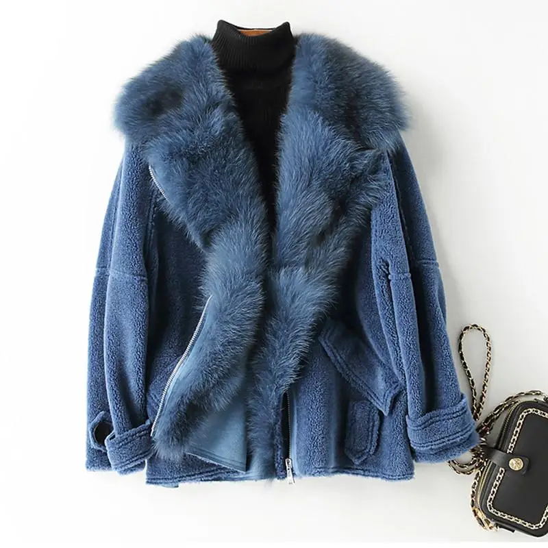 Новая зимняя женская меховая оторочка из овечьей шерсти с воротником из натурального Лисьего меха верхняя женская Толстая теплая шерстяная куртка пальто E08 - Цвет: BLUE